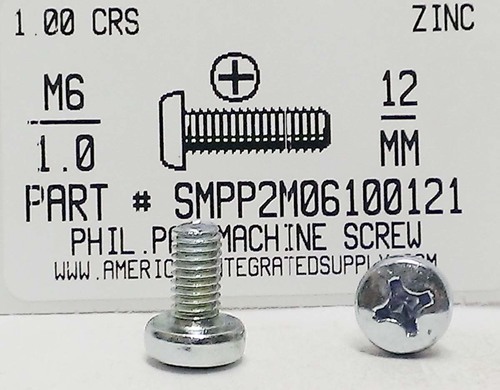 M6-1.00X12mm PAN HEAD PHILLIPS MACHINE SCREW STEEL ZINC D7985