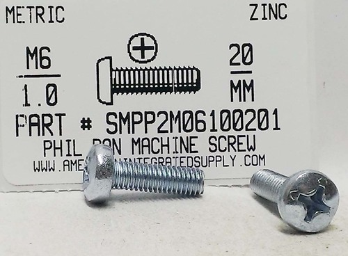 M6-1.00X20mm PAN HEAD PHILLIPS MACHINE SCREW STEEL ZINC D7985