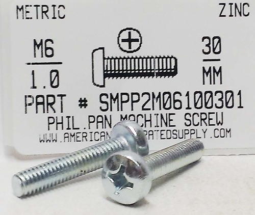 M6-1.00X30mm PAN HEAD PHILLIPS MACHINE SCREW STEEL ZINC D7985