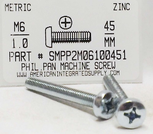 M6-1.00X45mm PAN HEAD PHILLIPS MACHINE SCREW STEEL ZINC D7985