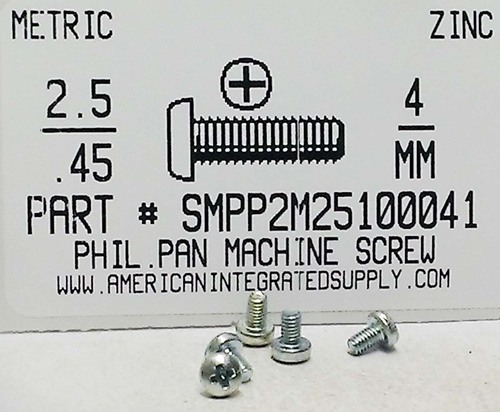 M2.5-.45X4mm PAN HEAD PHILLIPS MACHINE SCREW STEEL ZINC D7985