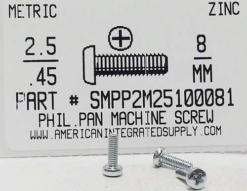 M2.5-.45X8mm PAN HEAD PHILLIPS MACHINE SCREW STEEL ZINC D7985