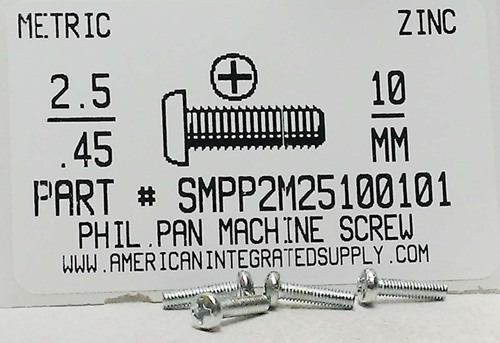 M2.5-.45X10MM PAN HEAD PHILLIPS MACHINE SCREW STEEL ZINC D7985