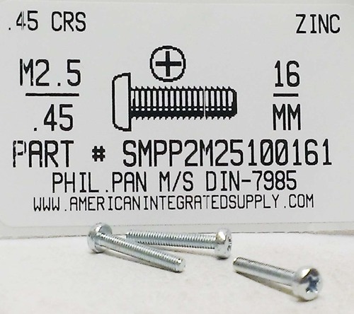 M2.5-.45X16mm PAN HEAD PHILLIPS MACHINE SCREW STEEL ZINC D7985