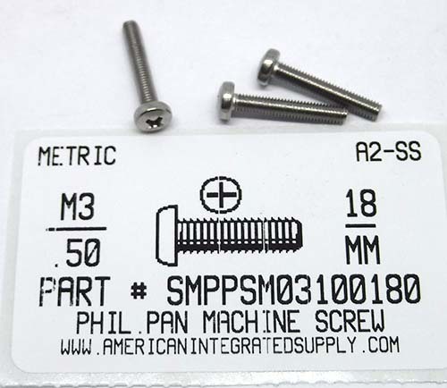 M3-.50X18mm PAN HEAD PHILLIPS MACHINE SCREW A2 STAINLESS STEEL D7985