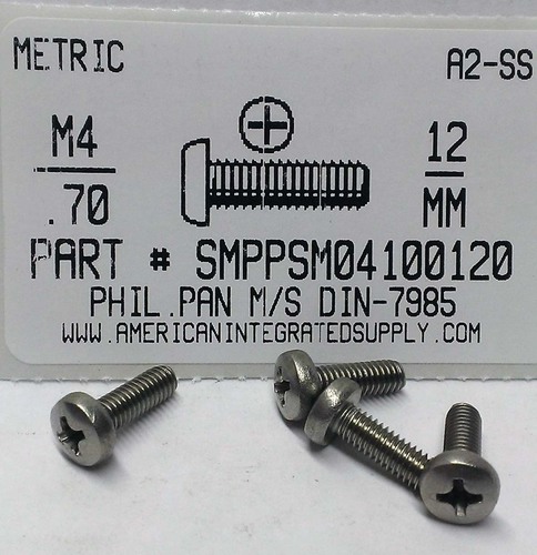 M4-.70X12mm PAN HEAD PHILLIPS MACHINE SCREW A2 STAINLESS STEEL D7985