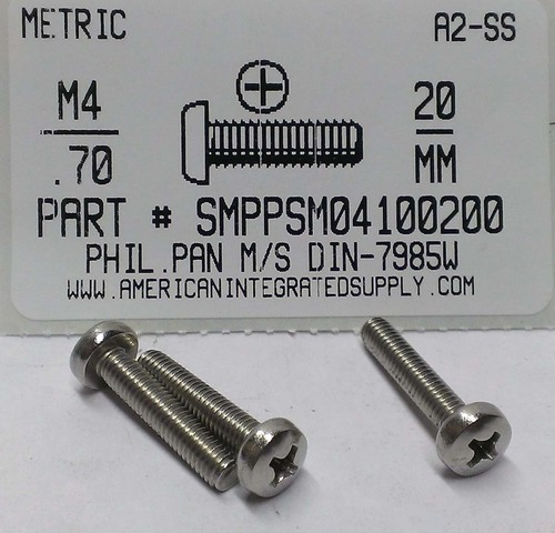 M4-.70X20mm PAN HEAD PHILLIPS MACHINE SCREW A2 STAINLESS STEEL D7985