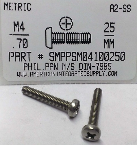 M4-.70X25mm PAN HEAD PHILLIPS MACHINE SCREW A2 STAINLESS STEEL D7985