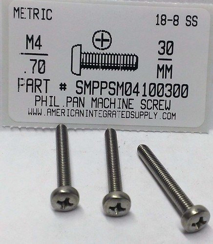 M4-.70X30mm PAN HEAD PHILLIPS MACHINE SCREW A2 STAINLESS STEEL D7985