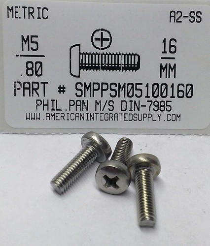 M5-.80X16mm PAN HEAD PHILLIPS MACHINE SCREW A2 STAINLESS STEEL D7985