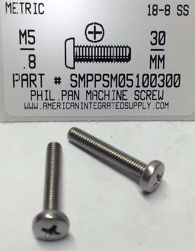 M5-.80X30mm PAN HEAD PHILLIPS MACHINE SCREW A2 STAINLESS STEEL D7985