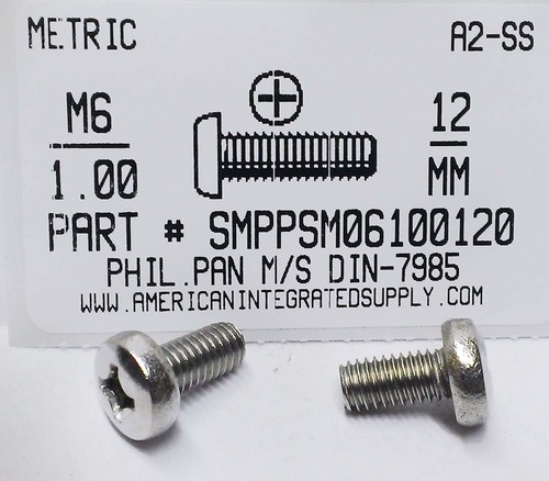 M6-1.00X12mm PAN HEAD PHILLIPS MACHINE SCREW A2 STAINLESS STEEL D7985