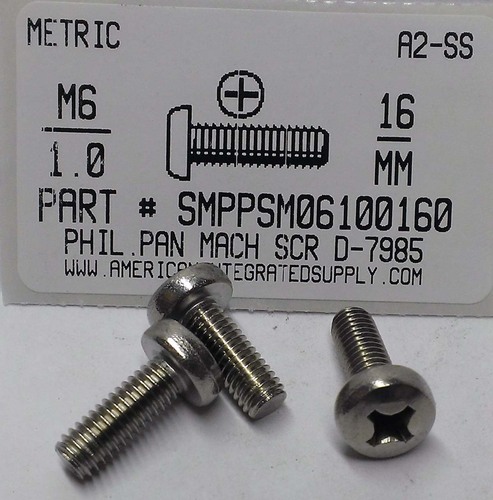 M6-1.00X16mm PAN HEAD PHILLIPS MACHINE SCREW A2 STAINLESS STEEL D7985