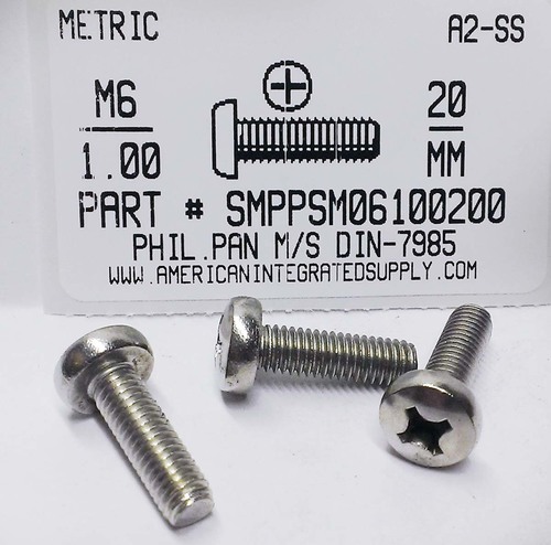 M6-1.00X20mm PAN HEAD PHILLIPS MACHINE SCREW A2 STAINLESS STEEL D7985