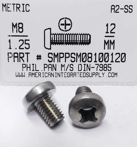 M8-1.25X12mm PAN HEAD PHILLIPS MACHINE SCREW A2 STAINLESS STEEL D7985