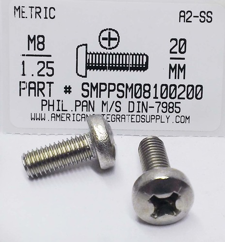 M8-1.25X20mm PAN HEAD PHILLIPS MACHINE SCREW A2 STAINLESS STEEL D7985