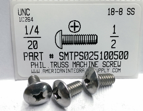 1/4-20X1/2 TRUSS HEAD PHILLIPS MACHINE SCREW 18-8 STAINLESS STEEL