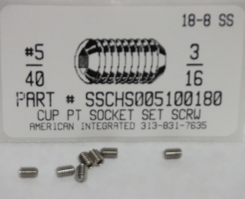 #5-40X3/16 SOCKET SET SCREW CUP POINT 18-8 STAINLESS STEEL