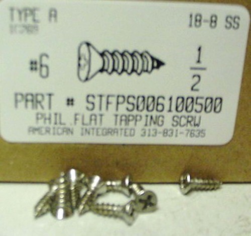 #6X1/2 FLAT HEAD PHILLIPS TAPPING SCREW A 18-8 STAINLESS STEEL