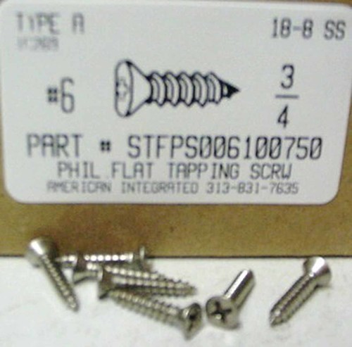 #6X3/4 FLAT HEAD PHILLIPS TAPPING SCREW A 18-8 STAINLESS STEEL