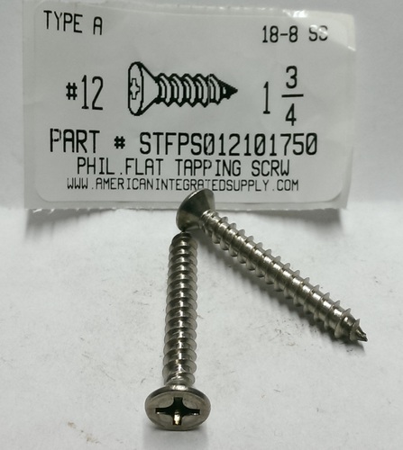 #12X1-3/4 FLAT HEAD PHILLIPS TAPPING SCREW A 18-8 STAINLESS STEEL