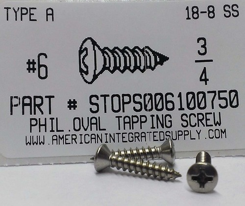 #6X3/4 OVAL HEAD PHILLIPS TAPPING SCREW A 18-8 STAINLESS STEEL