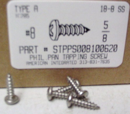 #8X5/8 PAN HEAD PHILLIPS TAPPING SCREW A 18-8 STAINLESS STEEL