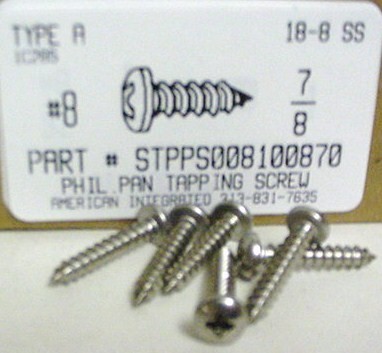 #8X7/8 PAN HEAD PHILLIPS TAPPING SCREW A 18-8 STAINLESS STEEL