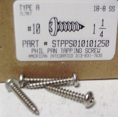 #10X1-1/4 PAN HEAD PHILLIPS TAPPING SCREW A 18-8 STAINLESS STEEL