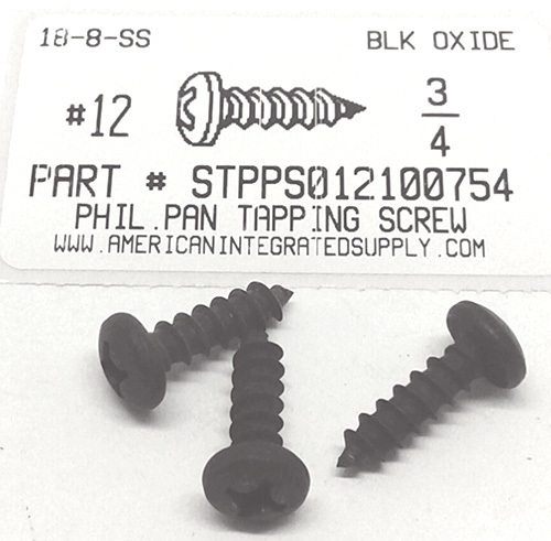 #12X3/4 PAN HEAD PHILLIPS TAPPING SCREW 18-8 STAINLESS STEEL BLACK OXIDE