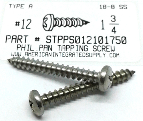 #12X1-3/4 PAN HEAD PHILLIPS TAPPING SCREW A 18-8 STAINLESS STEEL