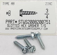 #8-18X3/4 HEX WASHER HEAD SLOTTED TAPPING SCREW AB STEEL ZINC PLATED