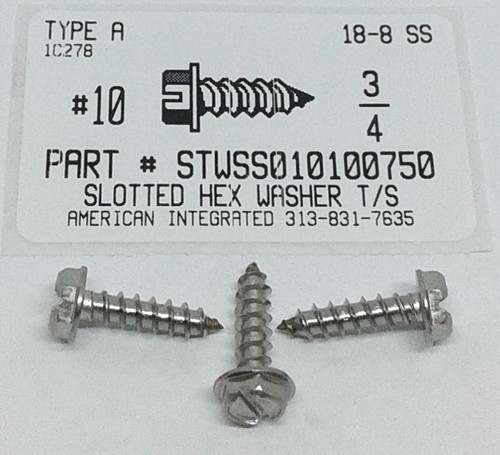 #10X3/4 HEX WASHER HEAD SLOTTED TAPPING SCREW A 18-8 STAINLESS STEEL