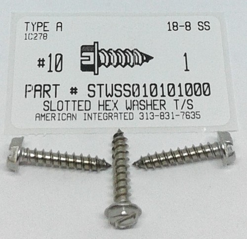 #10X1 HEX WASHER HEAD SLOTTED TAPPING SCREW A 18-8 STAINLESS STEEL