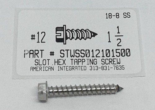 #12X1-1/2 HEX WASHER HEAD SLOTTED TAPPING SCREW A 18-8 STAINLESS STEEL