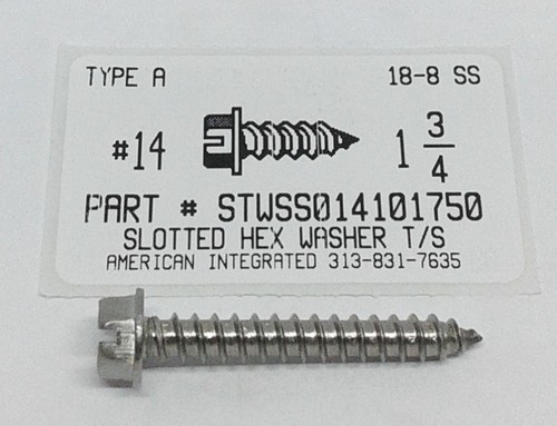 #14X1-3/4 HEX WASHER HEAD SLOTTED TAPPING SCREW A 18-8 STAINLESS STEEL