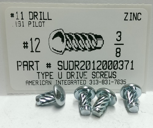 #12X3/8 ROUND HEAD U-DRIVE SCREW STEEL ZINC PLATED USE #11 DRILL REC. HOLE .191"