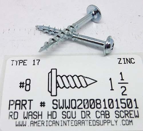 #8X1-1/2 ROUND WASHER HEAD SQUARE DRIVE CABINET SCREWS STEEL ZINC PLATED