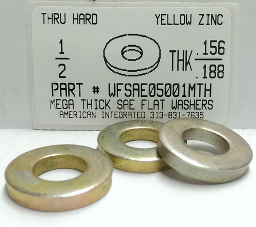 1/2 SAE MEGA THICK FLAT WASHER THRU HARDENED STEEL YELLOW ZINC PLATED .156-.188 THICK