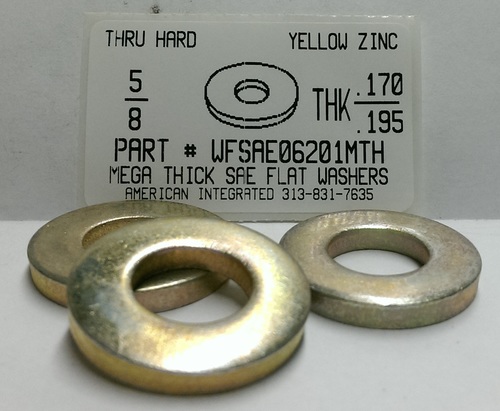 5/8 SAE MEGA THICK FLAT WASHER THRU HARDENED STEEL YELLOW ZINC PLATED .170-.195 THICK