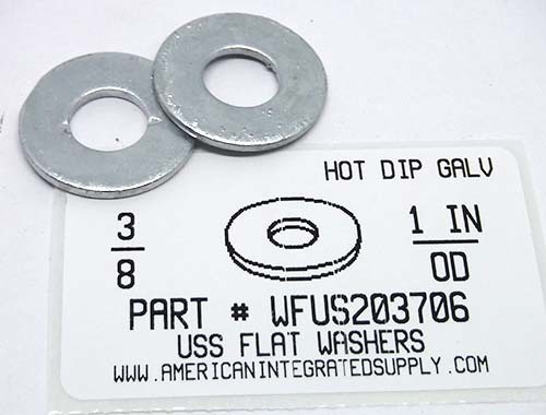 3/8 USS FLAT WASHER STEEL HOT DIP GALVANIZED .438" ID X 1.000" OD. .064"-.104" TH +/-