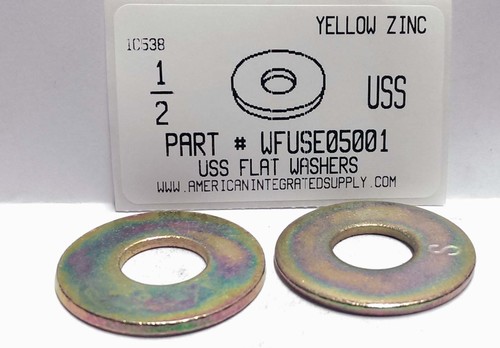 1/2 USS FLAT WASHER THRU HARDENED STEEL YELLOW ZINC PLATED 1-3/8" OUTER DIAMETER