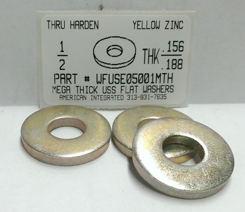 1/2 MEGA-THICK (.156-.188) USS FLAT WASHER HARDENED STEEL YELLOW ZINC PLATED