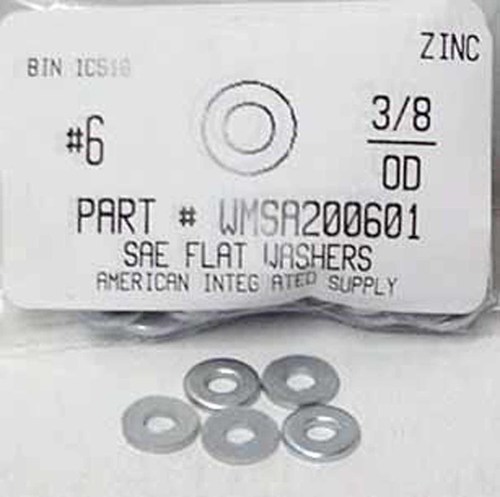 #6 SAE FLAT WASHER STEEL ZINC .155"-.145" ID X .380"-.370"OD X .036"-.028"TH